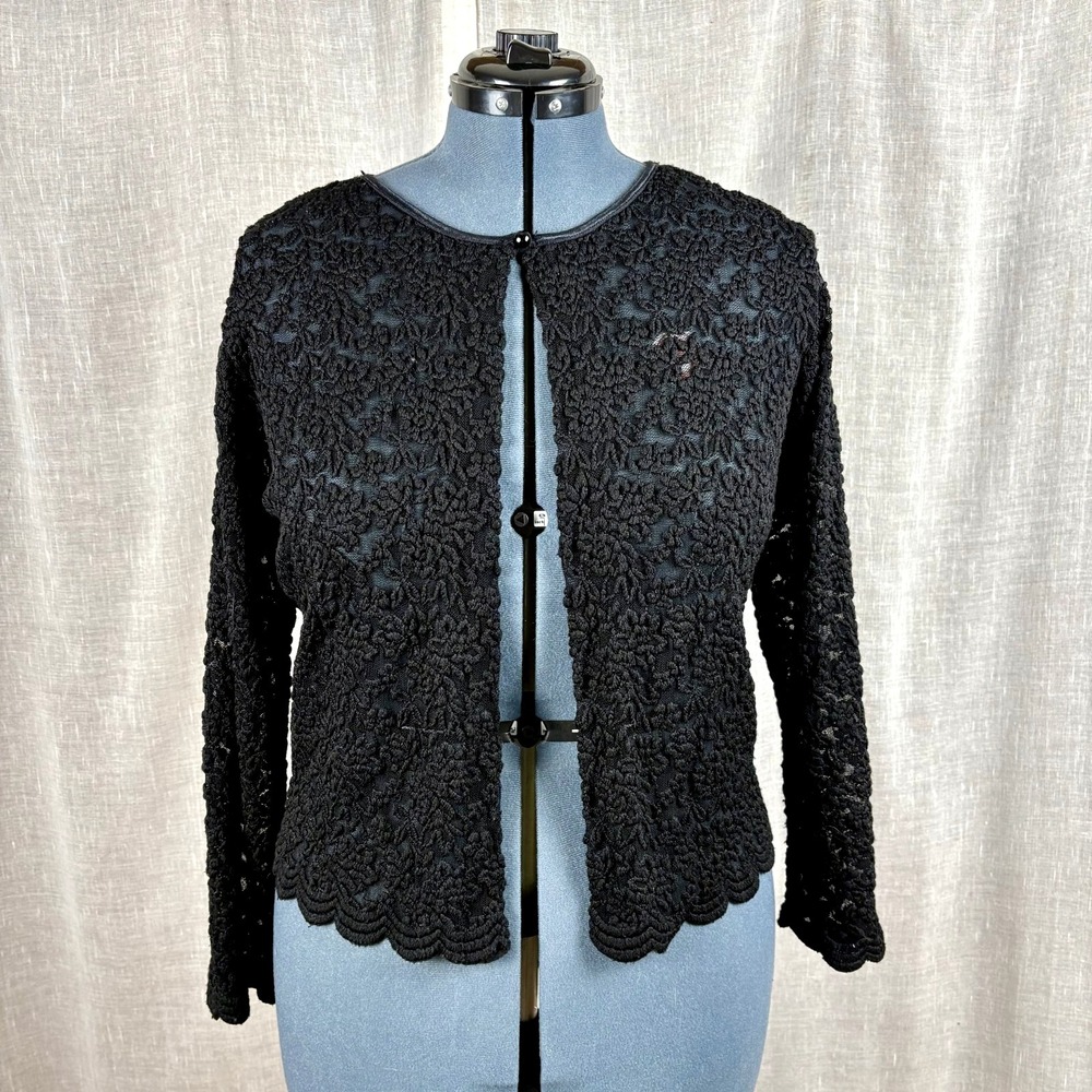 Vintage Black Lace Mesh Cardigan Sz 2X Y2K Floral Sheer Single Button Whimsigoth
